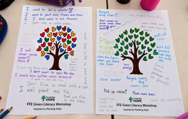 Von Schülerinnen und Schülern erstellte Nachhaltigkeitsversprechen aus dem Green Literacy Workshop in Griechenland.