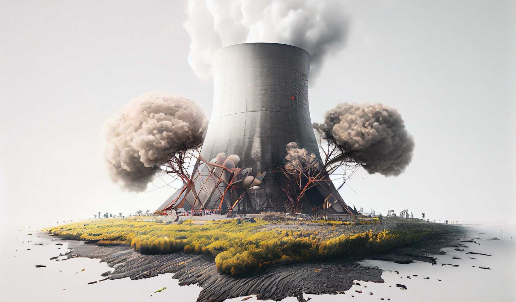 “Ein Atomkraftwerk zwischen grau-gefärbten Bäumen symbolisiert die Verwüstung der Natur durch radioaktiven Müll”